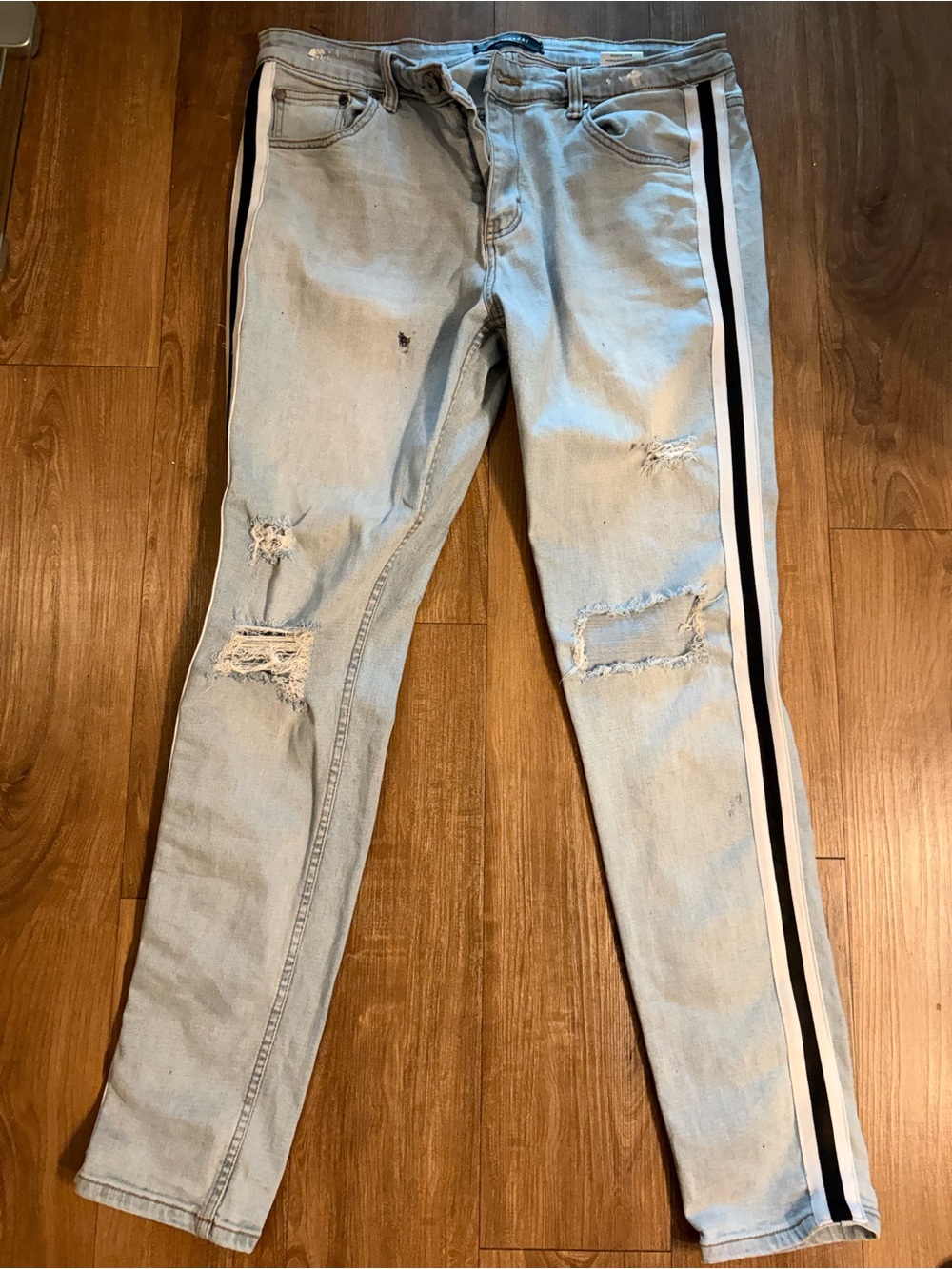 Light Blue Skinny Men’s Jeans with Black Side Stripe
